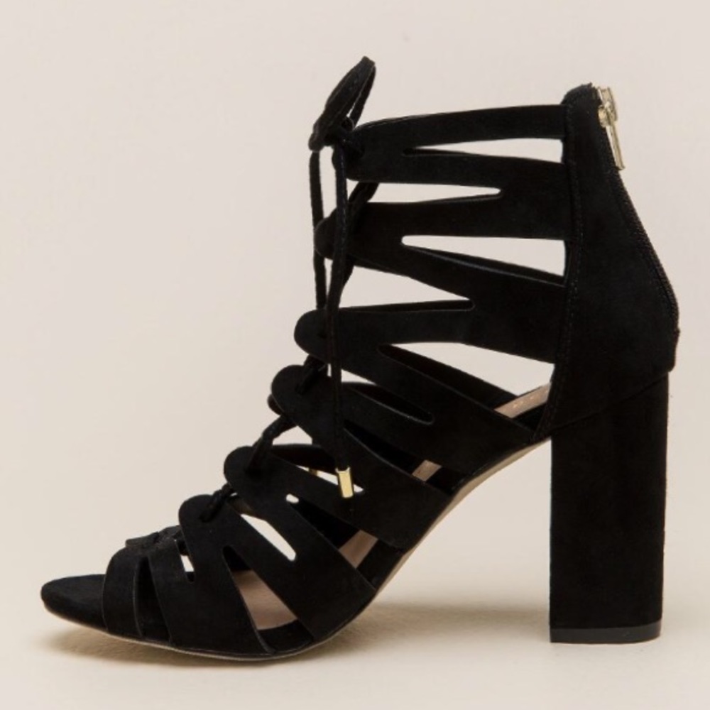 Black lace up block heels